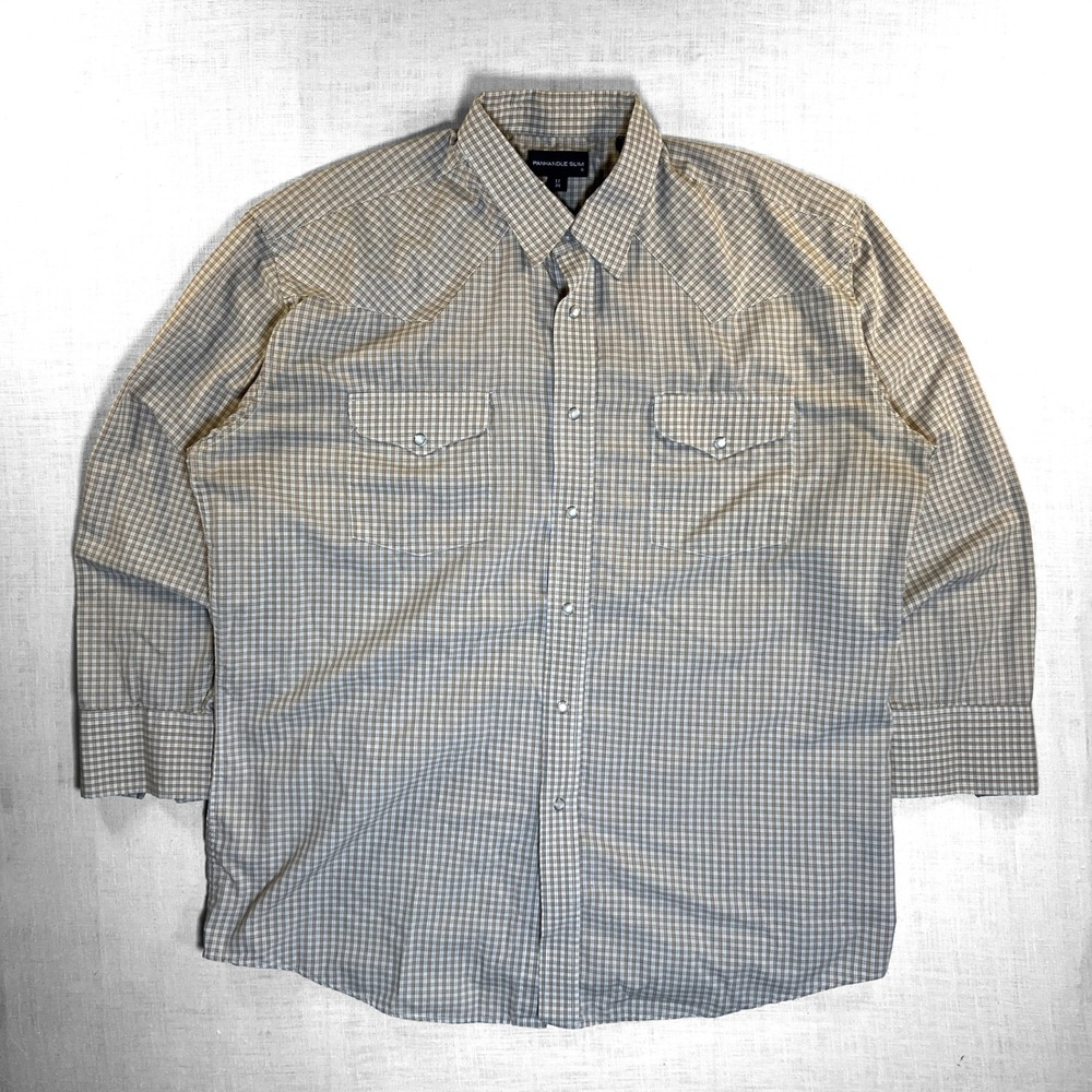 VTG Panhandle Slim Pearl Snap Shirt‎ L/S Men's XL 17 34 Western Cowboy Plaid Tan